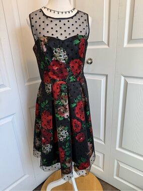 Covington Black Midi Dress with Red Floral Print and Polka Mesh Yoke